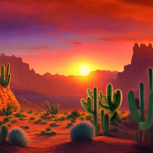 Desert Sunset with Cacti and Canyons in Matte Painting Style