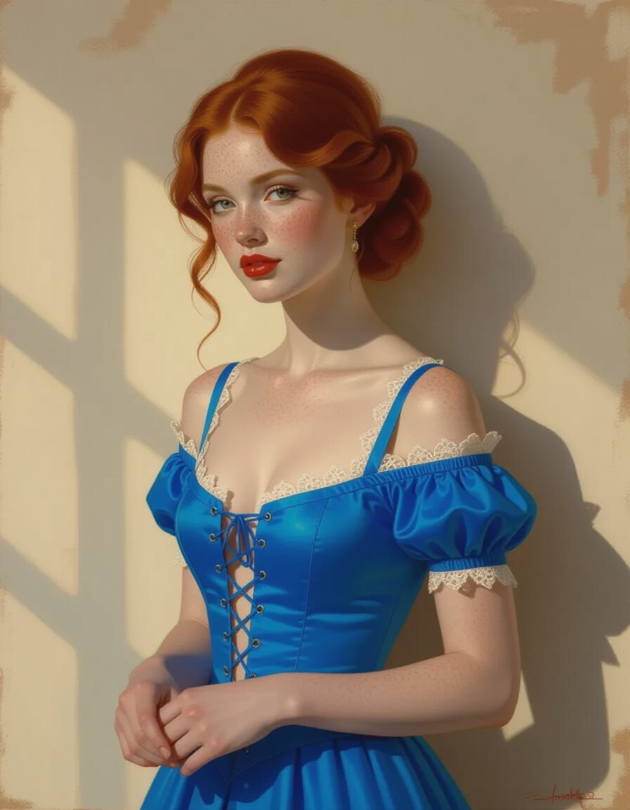 Redhead in Blue Dress with Renaissance Cyberpunk Style