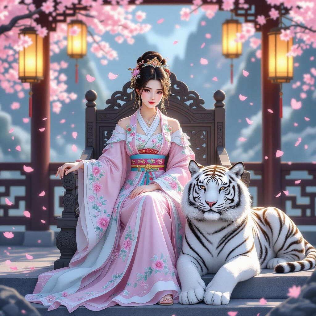 Princess with White Tiger in Cherry Blossom Courtyard