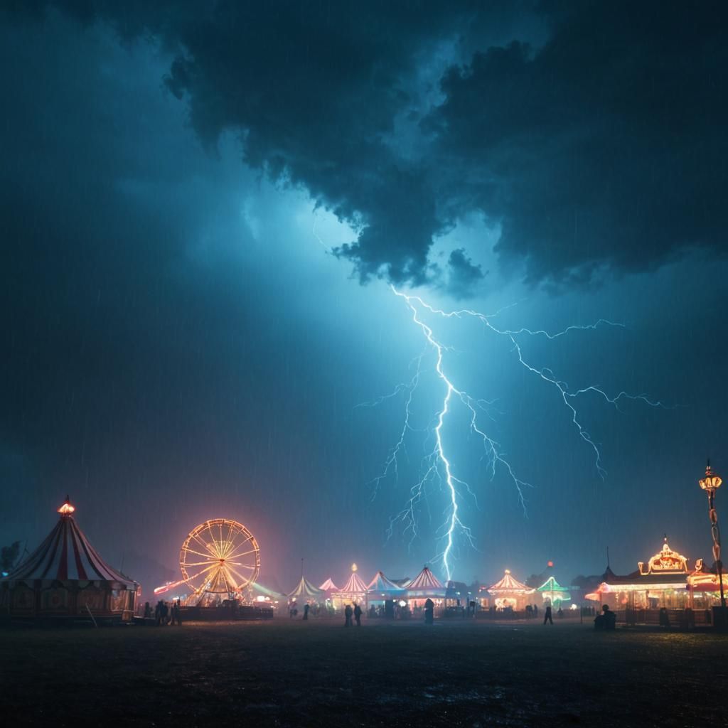 Dramatic Lightning Storm over Deserted Fairground