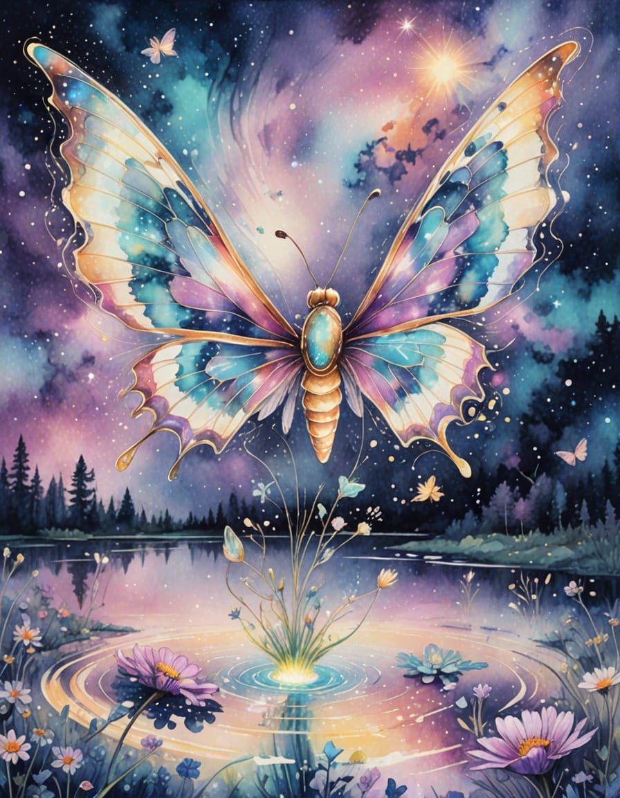 Celestial Butterfly over Bioluminescent Meadow, Watercolor P...
