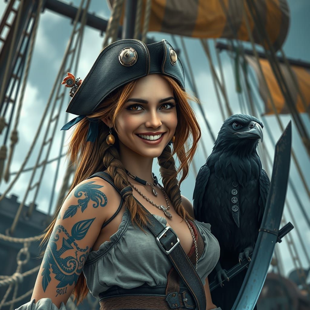 Pirate Girl with Raven on Pirate Ship