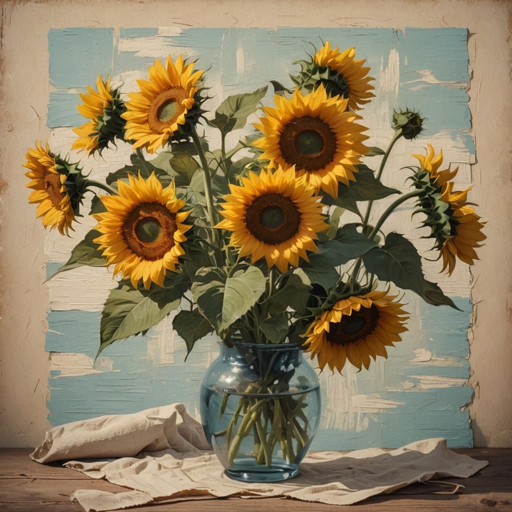 Minimalist Sunflowers Under Blue Sky in Naive Art Style