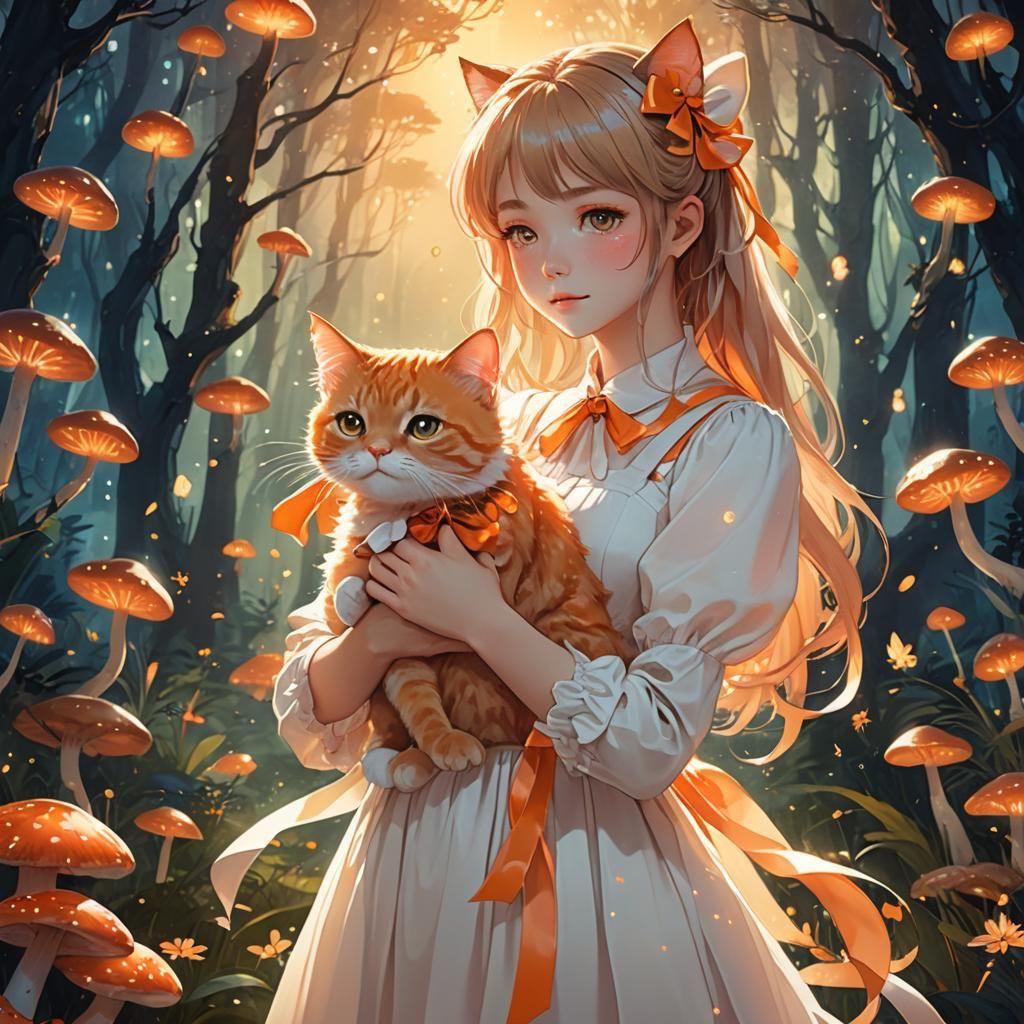 Anime Girl with Cat in Luminous Mushroom Forest