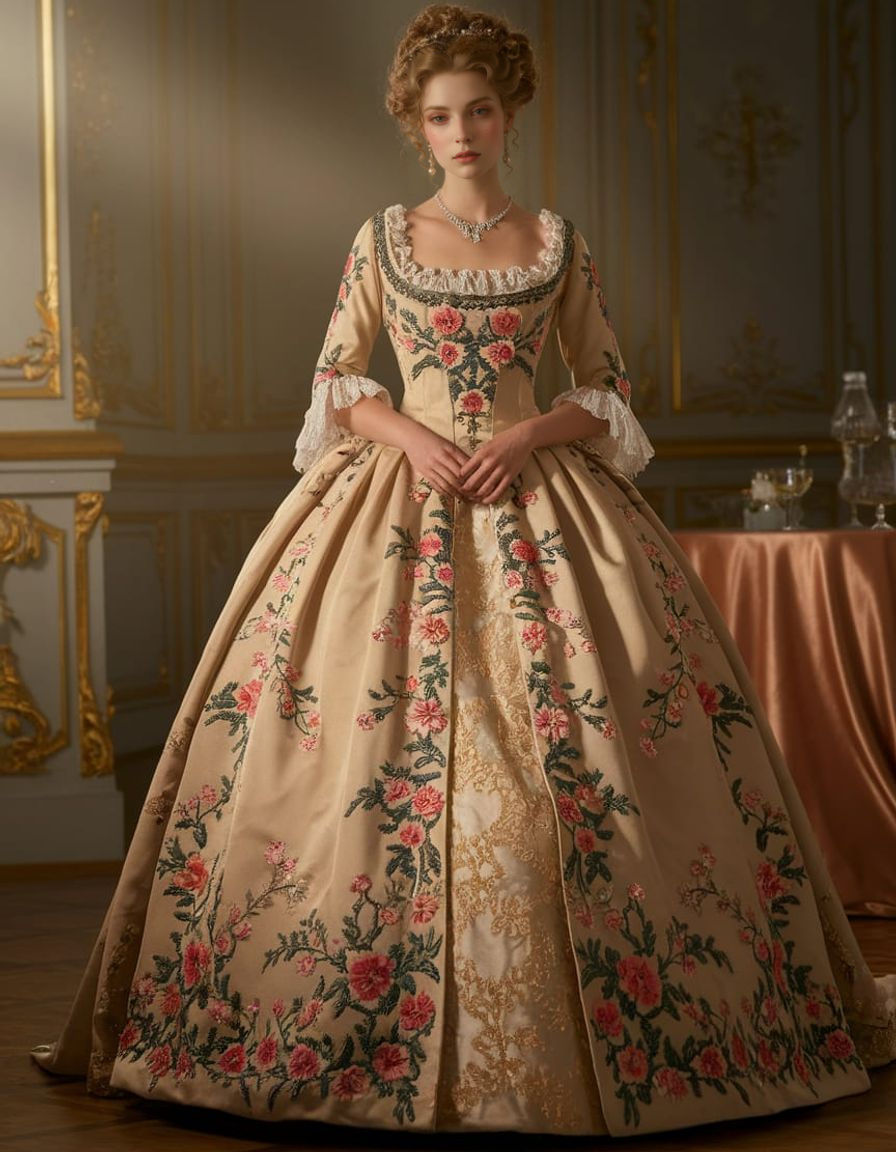 Elegant Woman in Rococo-Inspired Gown Amidst Baroque Archite...