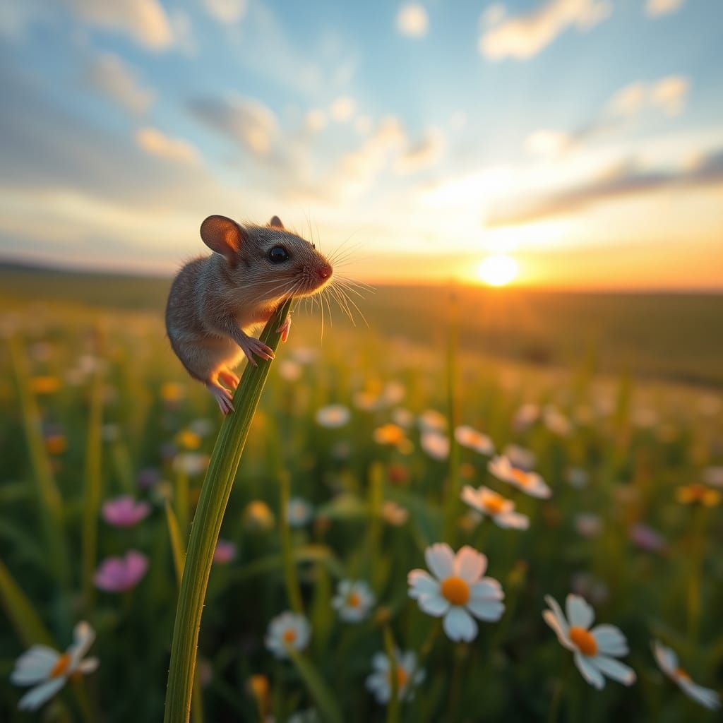 Mouse-Eye View of Sunset Meadow: Hyperrealistic Nature Photo...