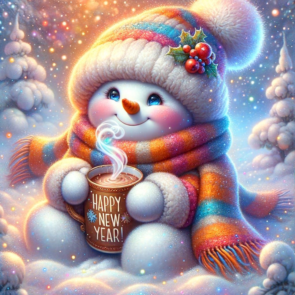 Magical Snowman Enjoys Hot Chocolate in Winter Wonderland
