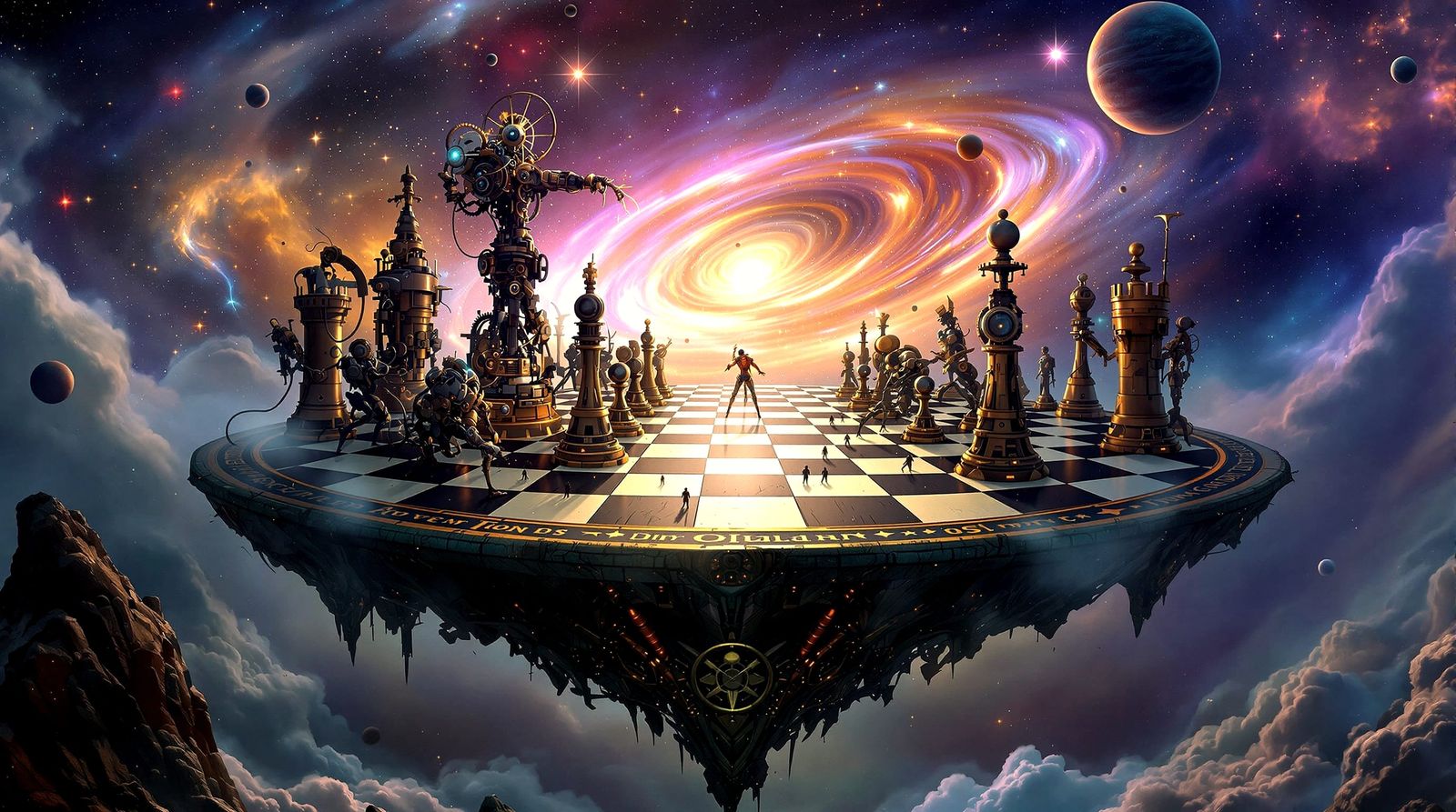 Steampunk Chess Battle on Floating Island Nebula