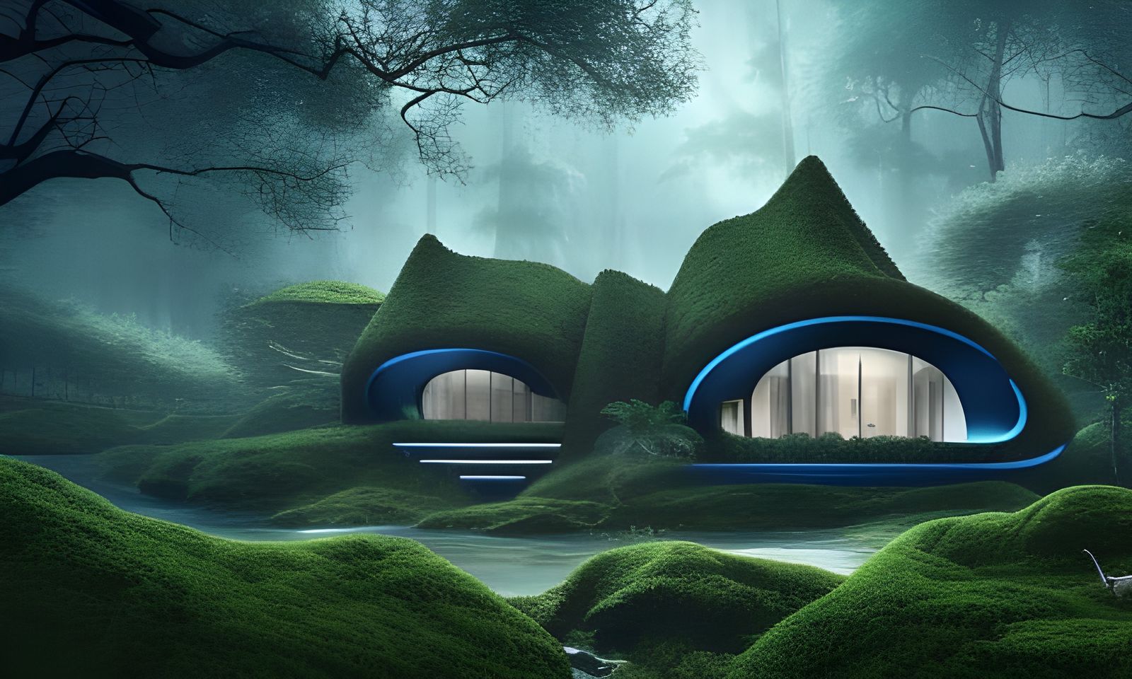 Futuristic Villa in Mossy Forest at Night