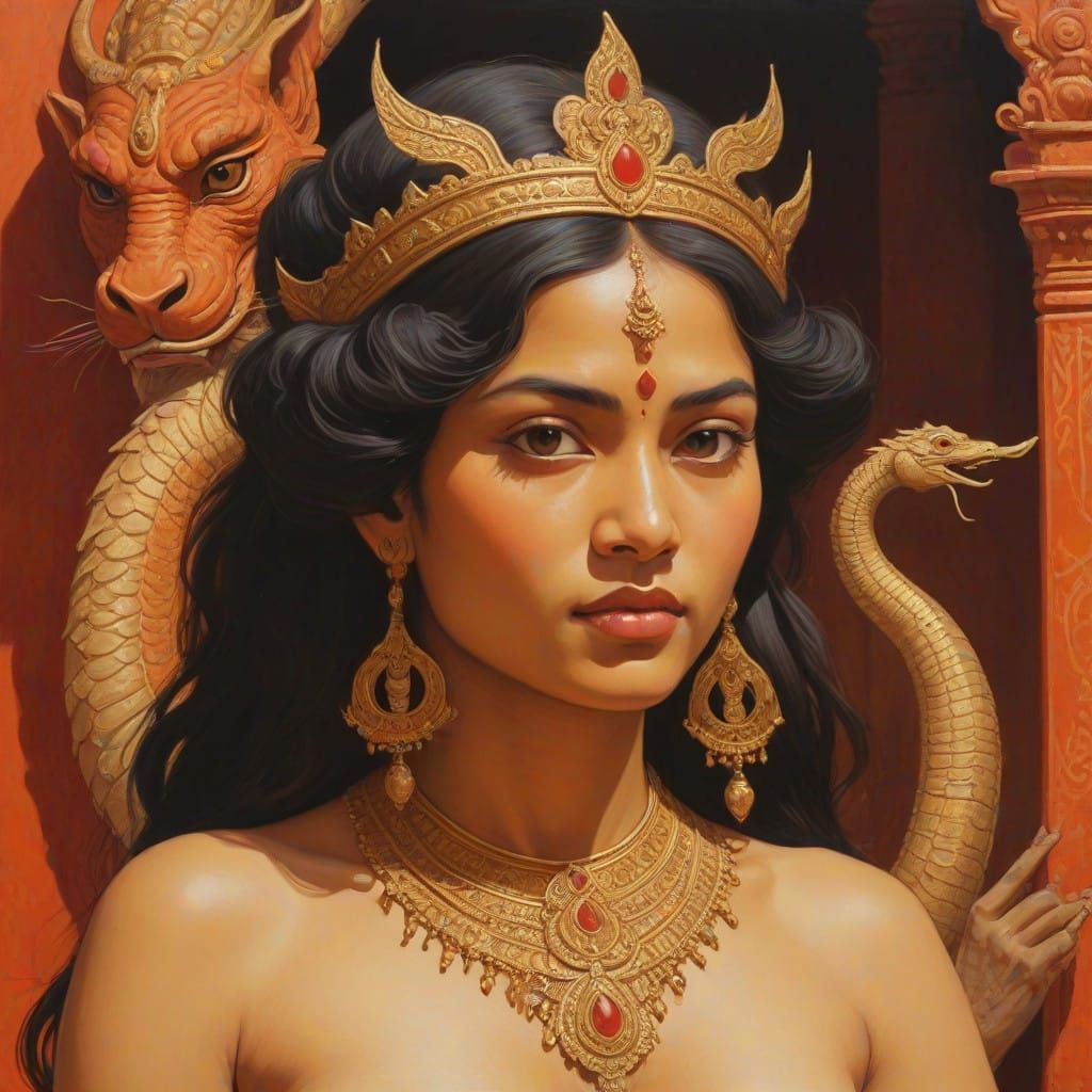 Serenely Guarding Indian Temple in a Vibrant Tempera Paintin...