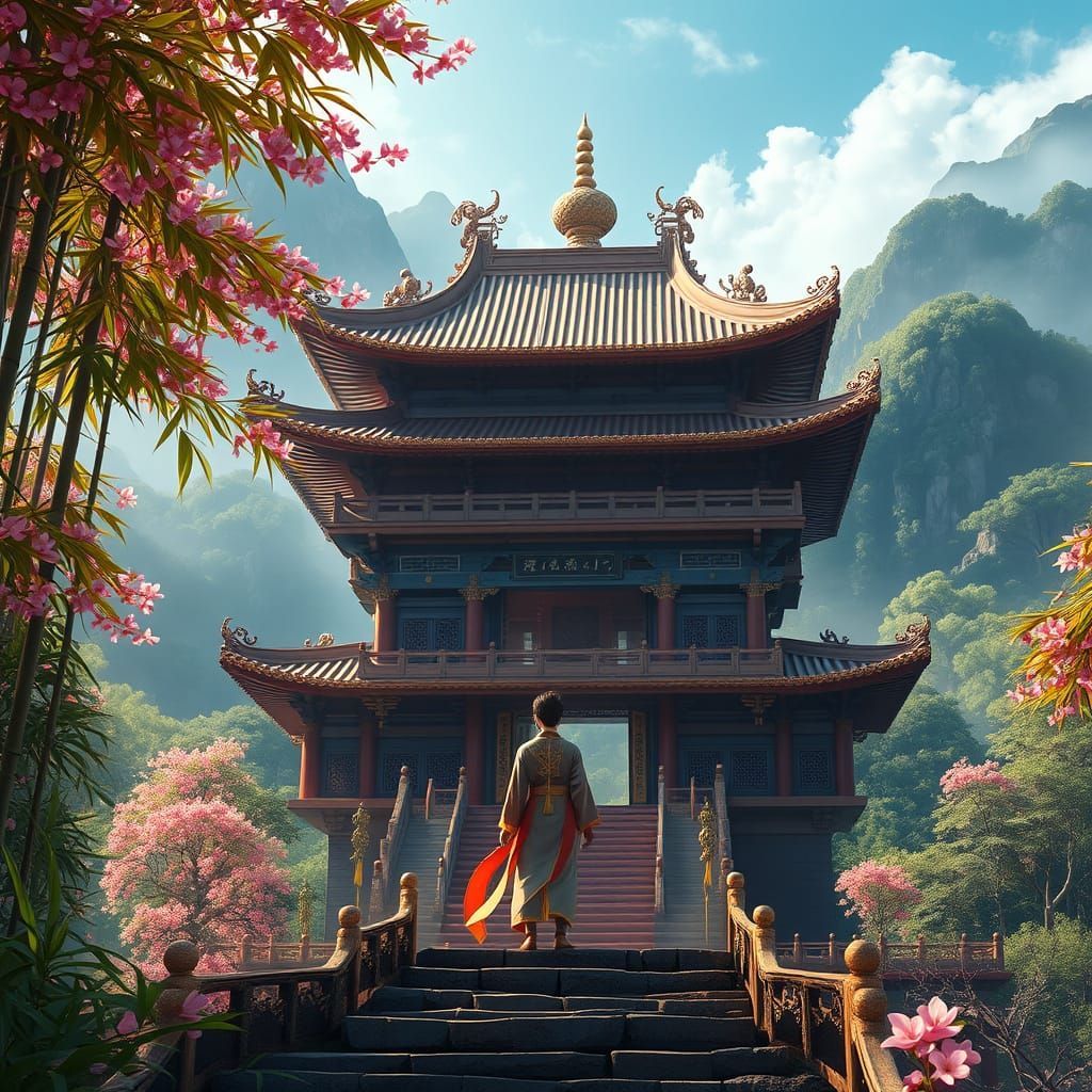 Ancient China Temple Amidst Lush Bamboo Forests in Vibrant A...