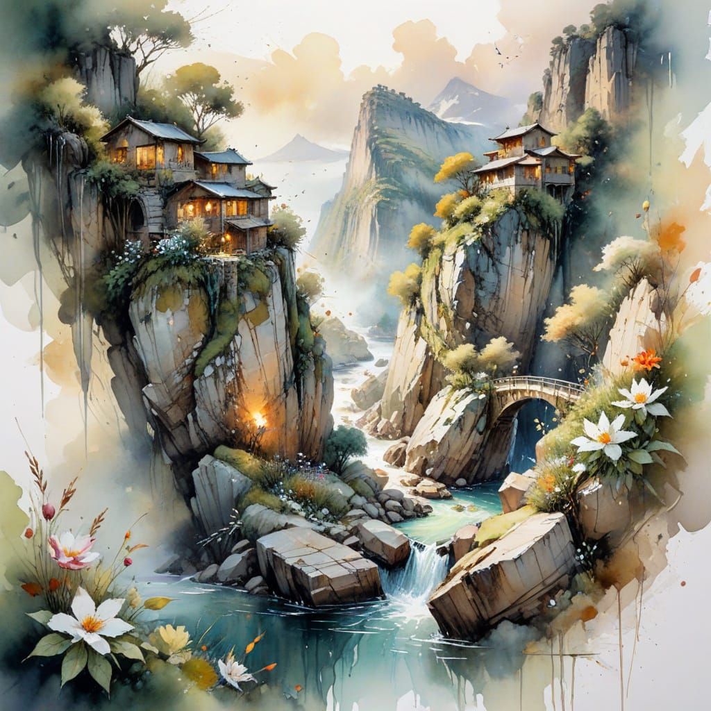 Watercolor Rocky Landscape with Golden Light