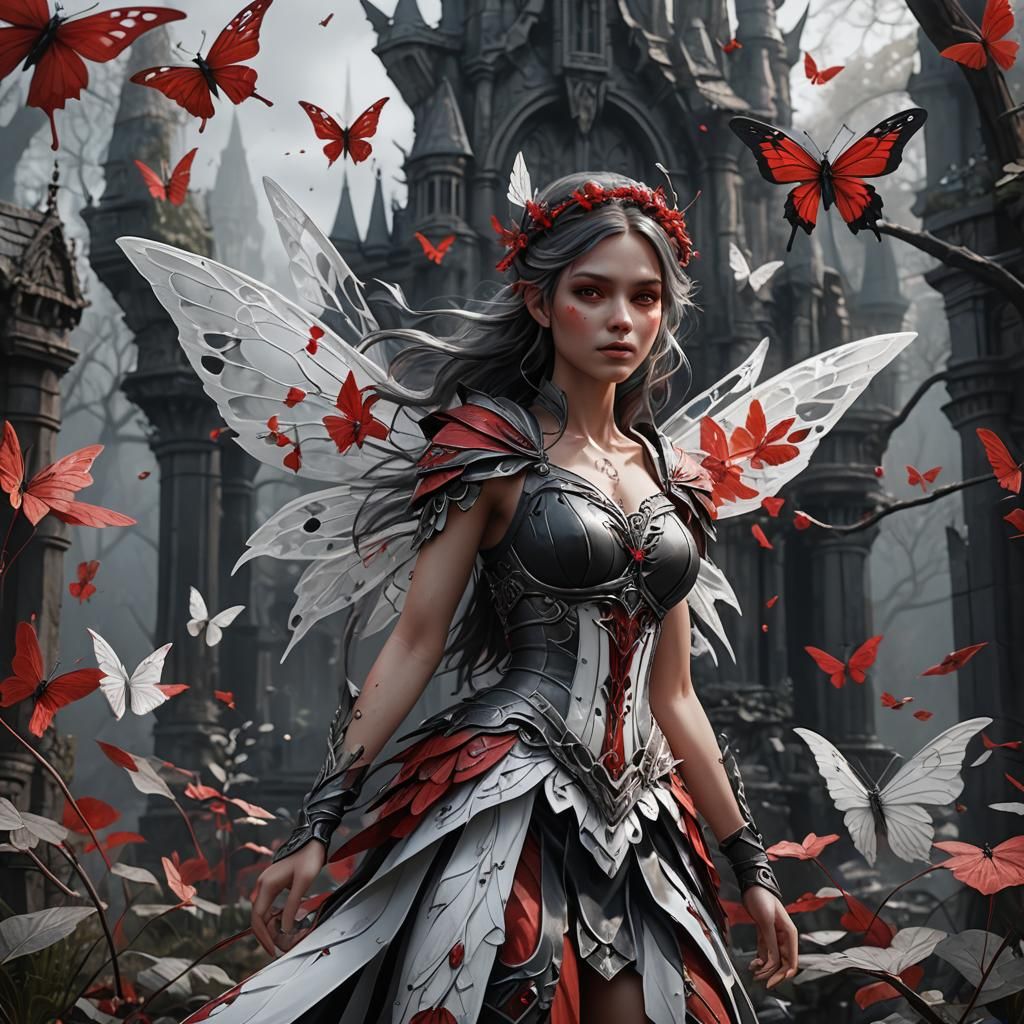 Detailed Fairy Art in Red, White, and Black