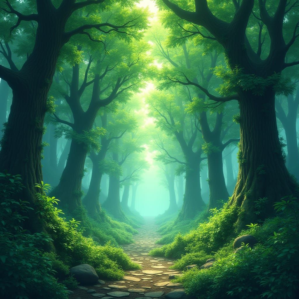 Mystical Green Forest in Vibrant Anime Style