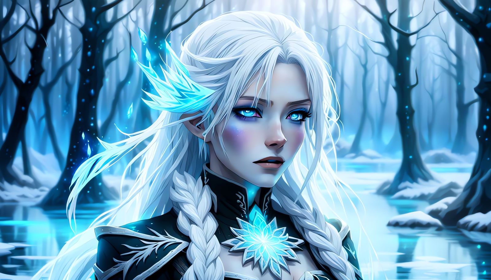 Anime Mage in Frozen Forest with Blue Aura