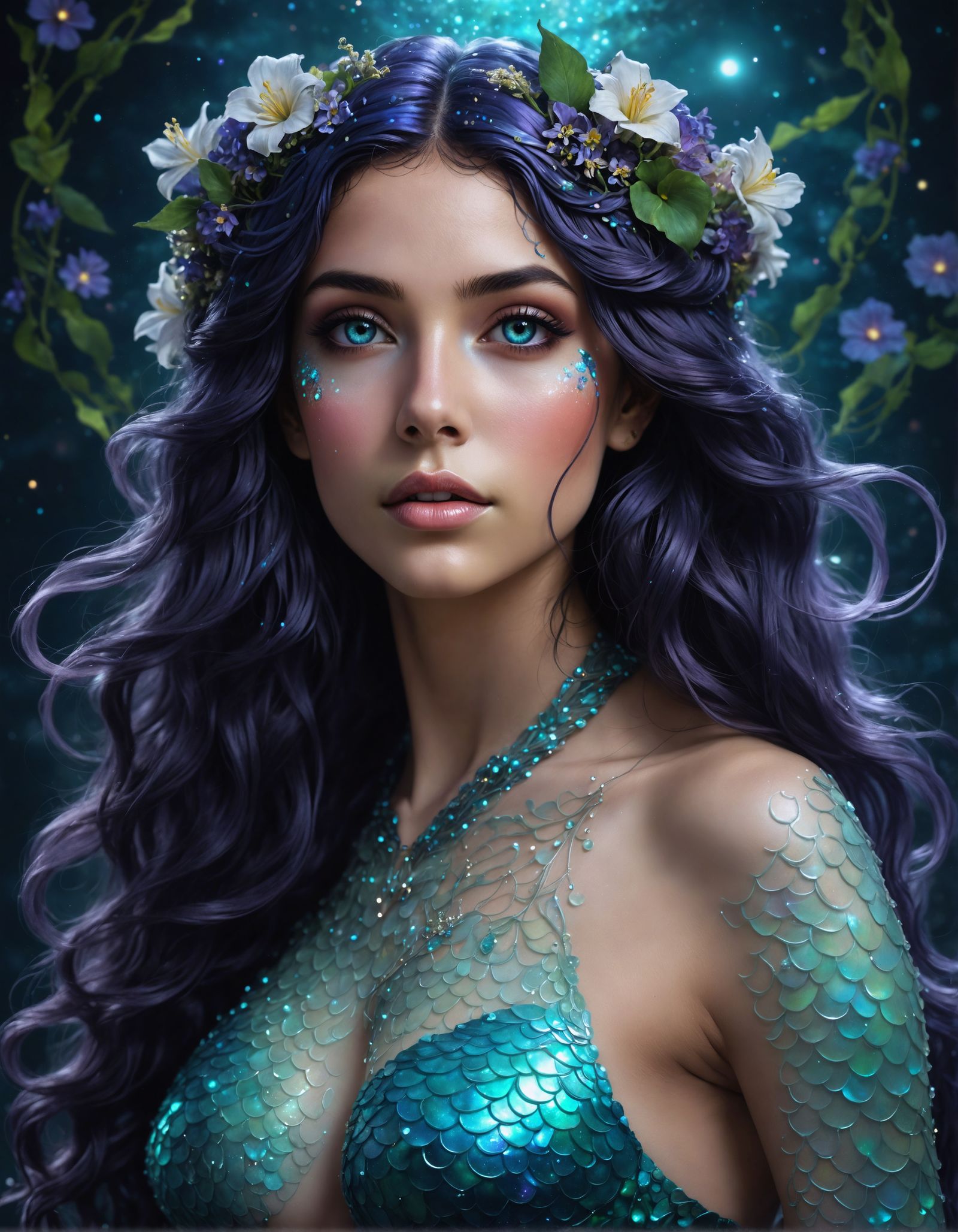 Ethereal Mermaid Gaze into Nebulae in Art Nouveau Style