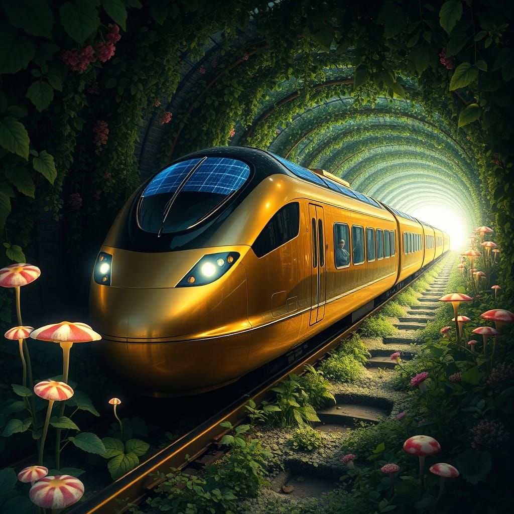 Surreal Solarpunk Maglev Train Speeds Through Enchanted Vine...