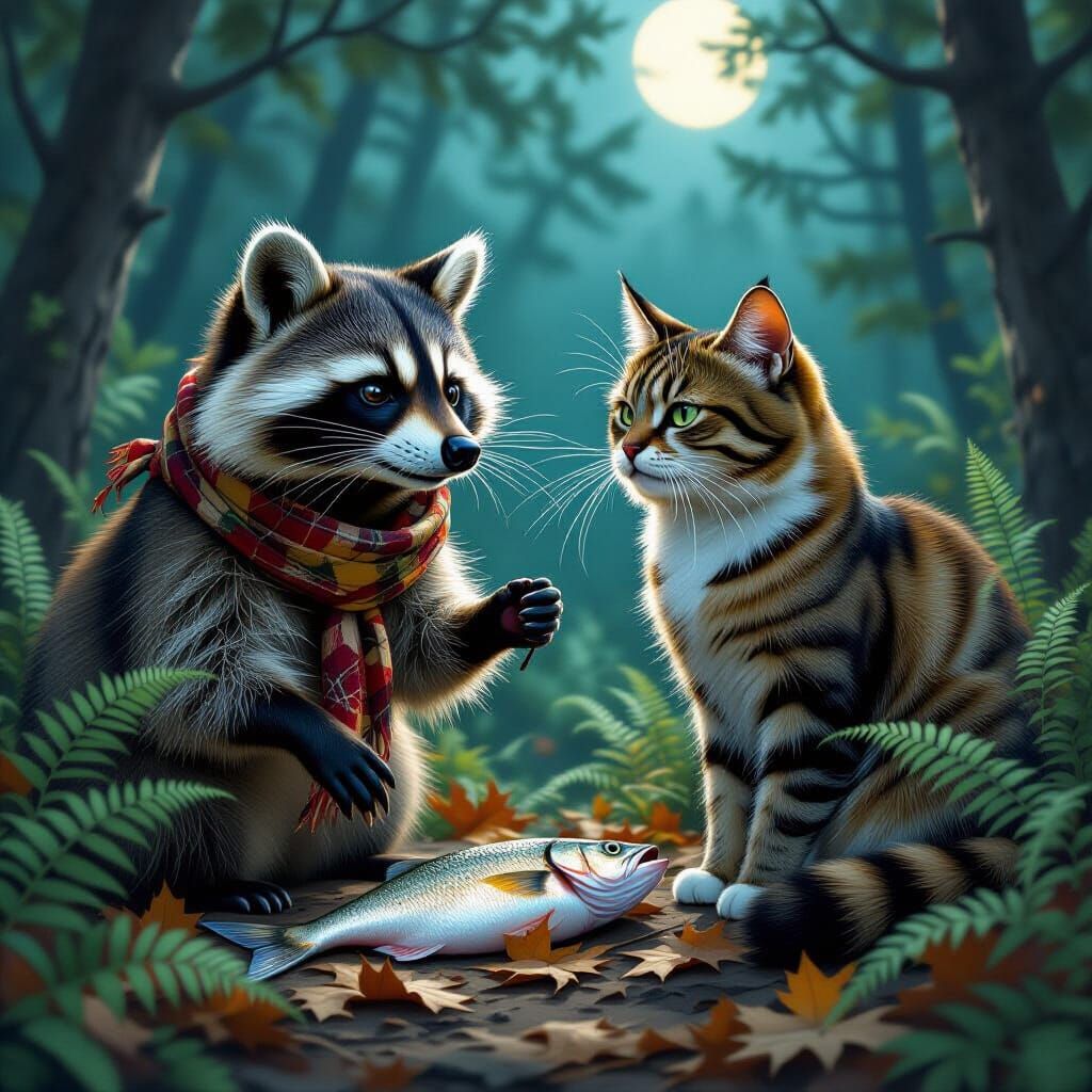 Raccoon and Cat Fight Over Fish in Forest