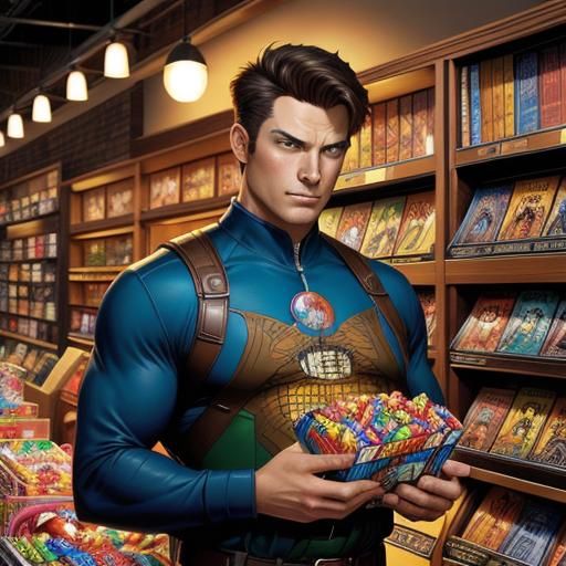 Young Man Surrounded by Candy in Comic Book Style