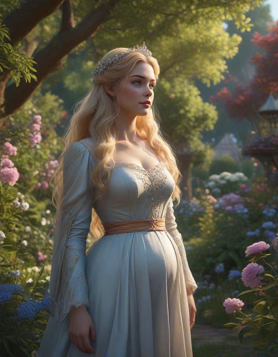 Enchanted Princess Aurora with Twins in Vibrant Garden