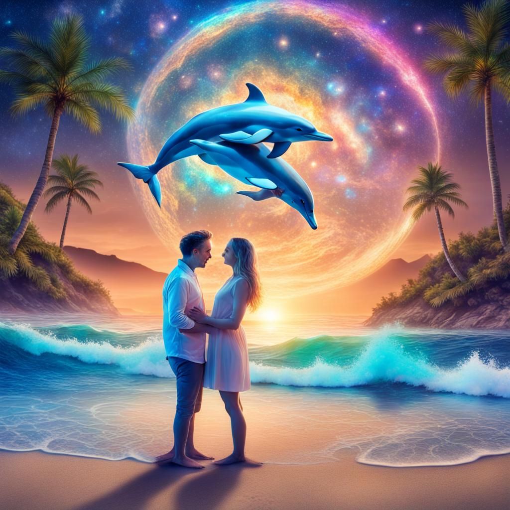 Beach Proposal with Dolphins, Holographic Astral Illustratio...