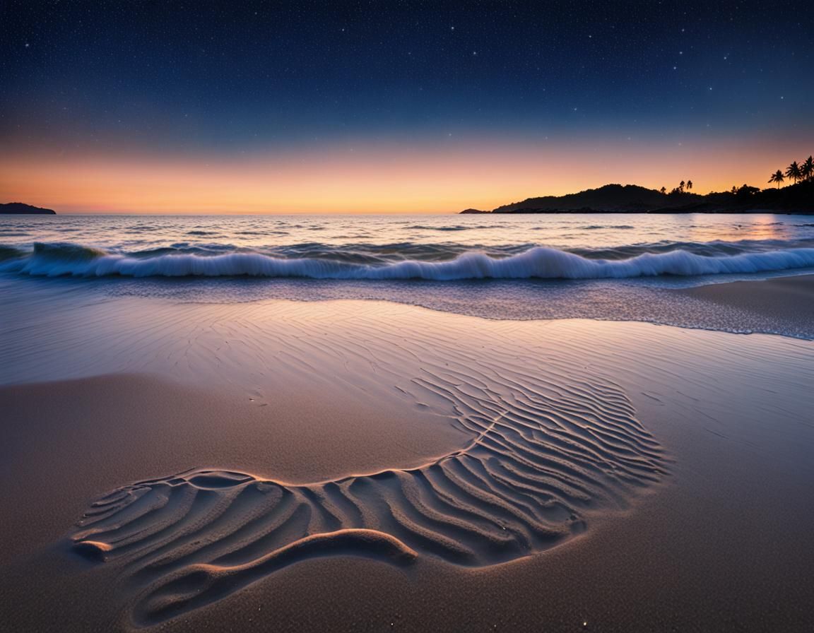 Twilight Beach with Gentle Waves and Distant Islands