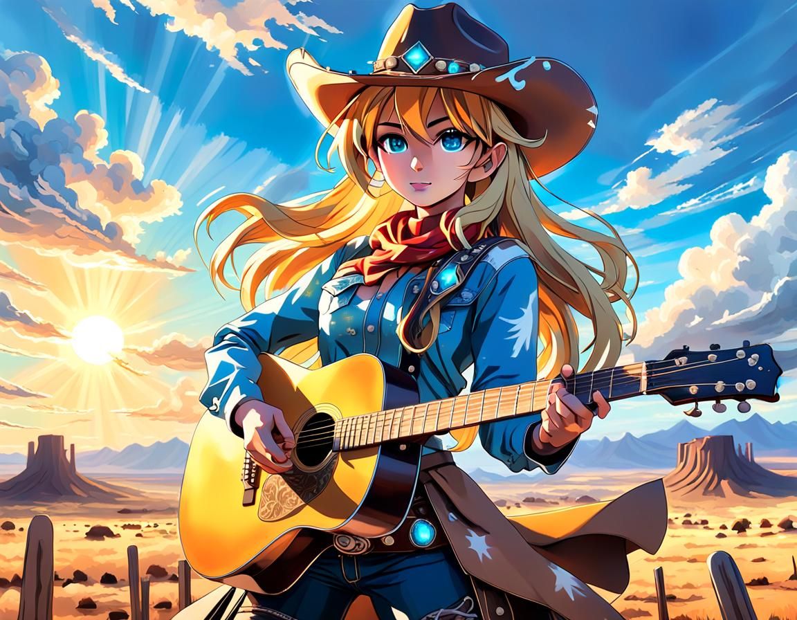Anime Cowgirl Plays Guitar in Western Landscape