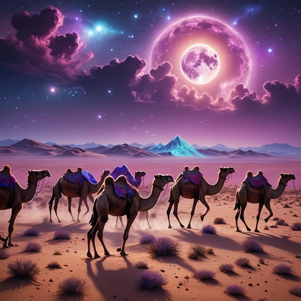 Cosmic Camels Caravan in Astral Desert