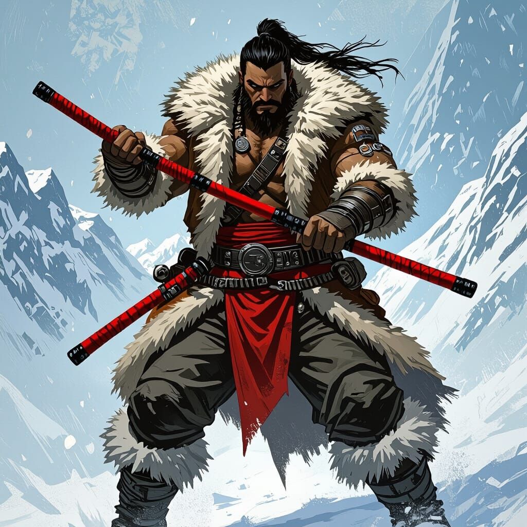 Goliath Warrior with Red Nunchaku in Icy Mountains