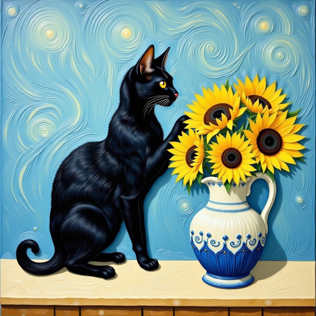 Cat with Sunflowers: A Van Gogh Inspired Digital Painting