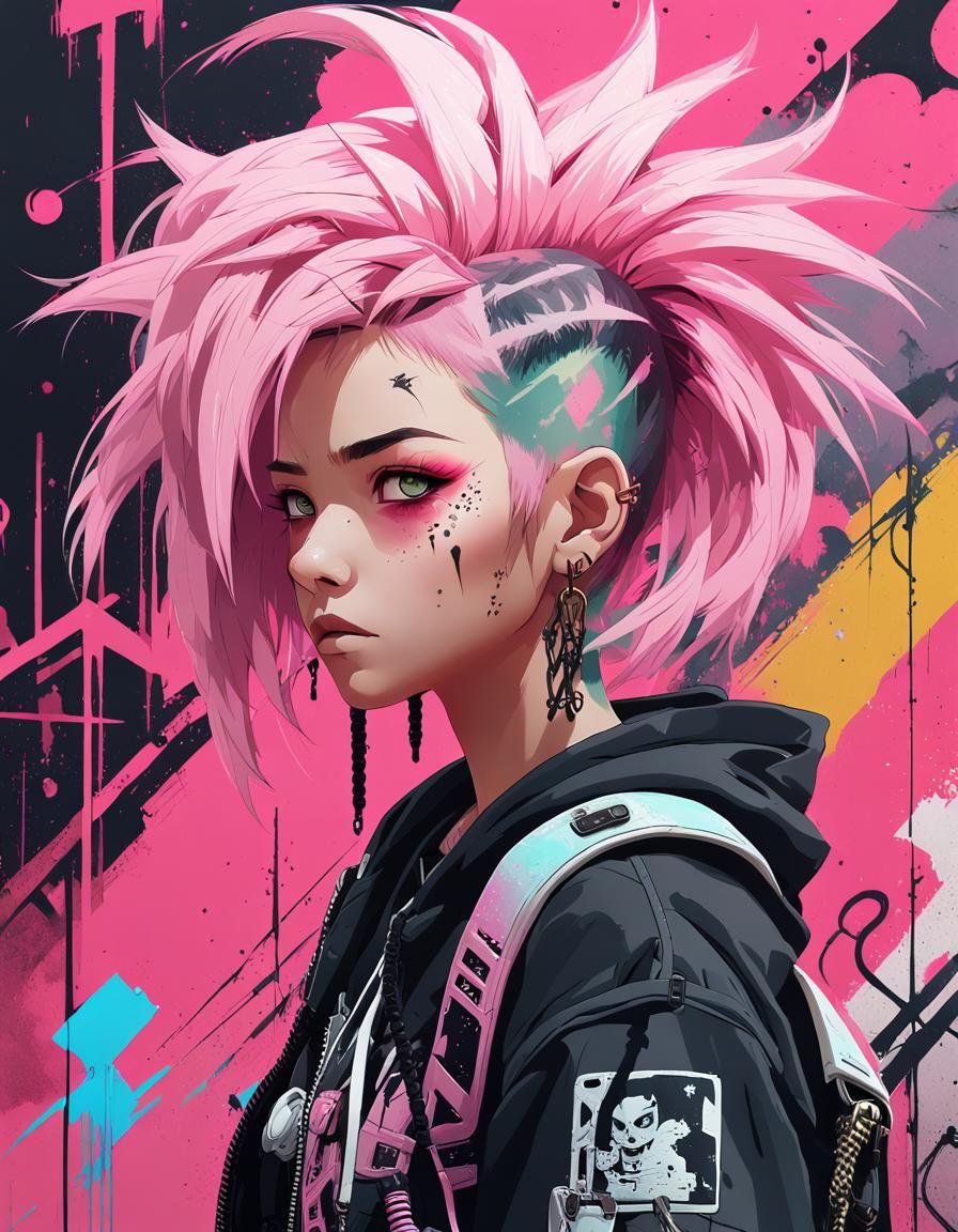 Punk Portrait with Graffiti Background in Anime Style