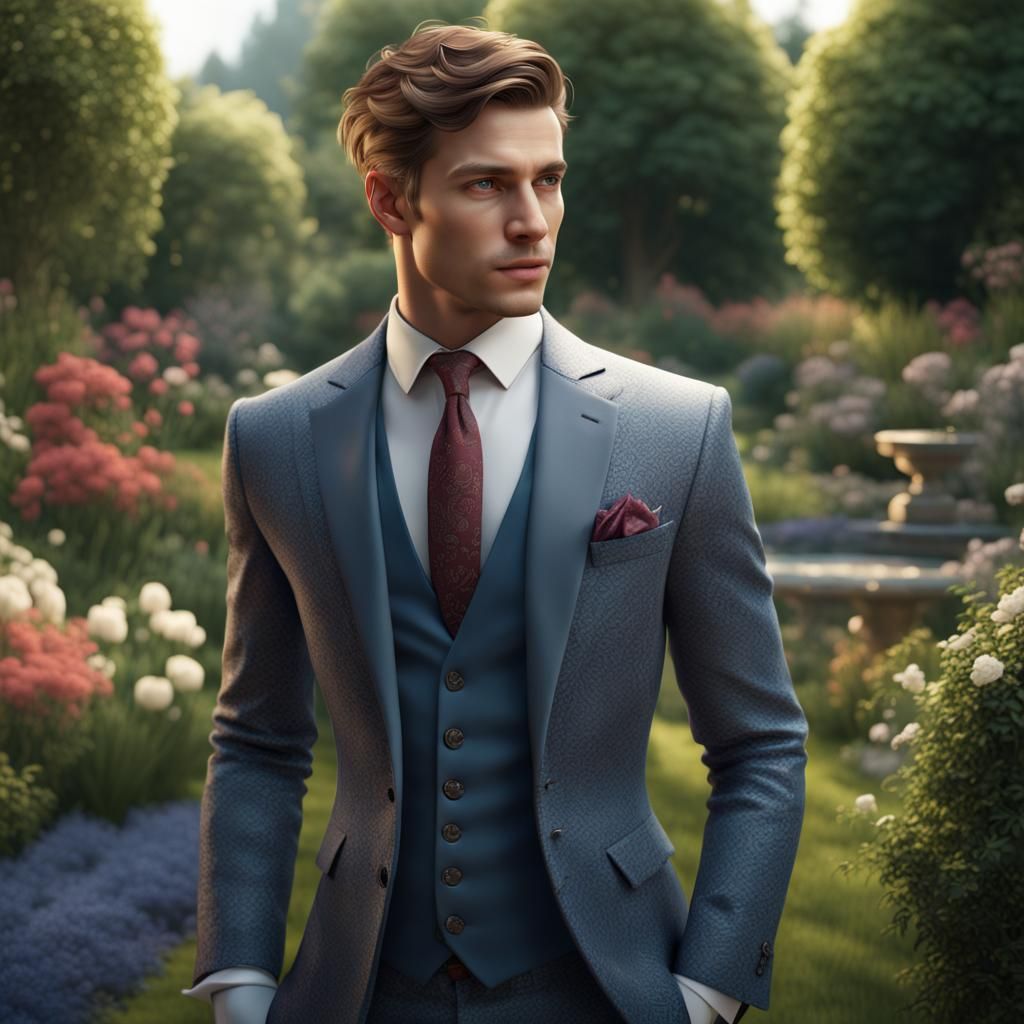 Handsome Man in Suit in English Garden