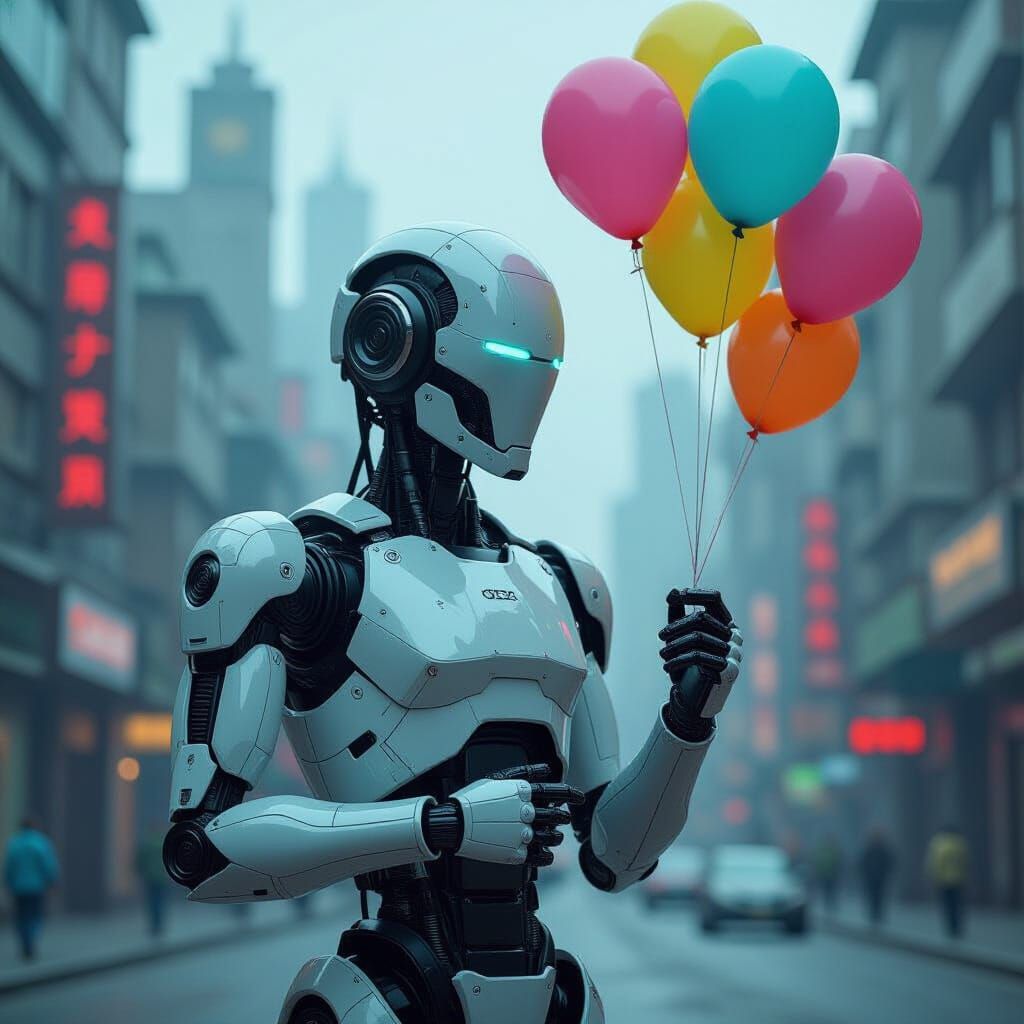 Robot with Balloons in Dystopian City, Detailed Matte Painti...