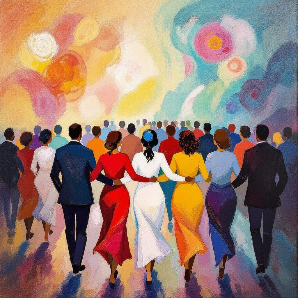 Abstract Painting of Diverse People Walking Together in Harm...