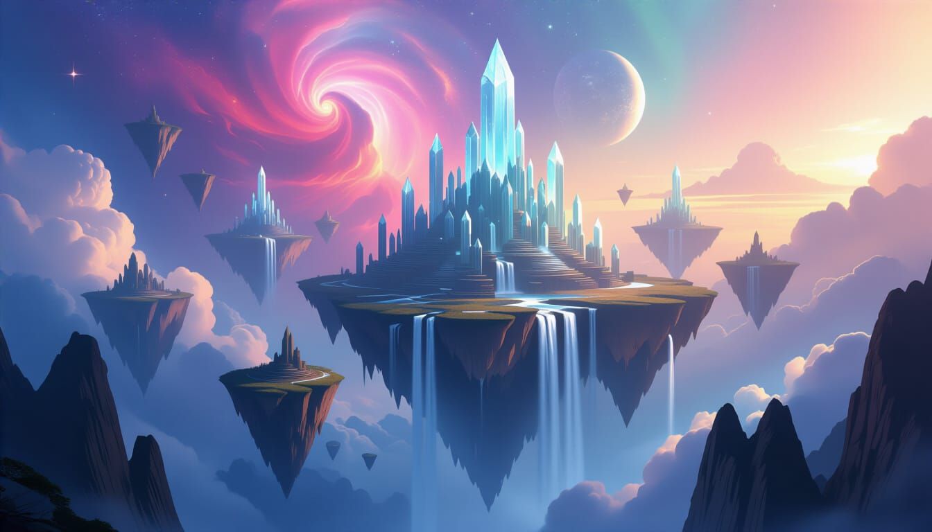 Majestic Floating City in Swirling Nebula