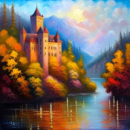 Expressionist Castle on Lake in Neo-Impressionism Style