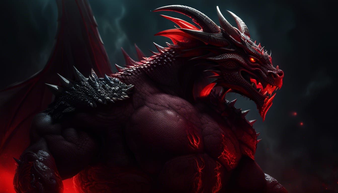 Hypermuscular Dragon Bodybuilder in Dark Red Illumination