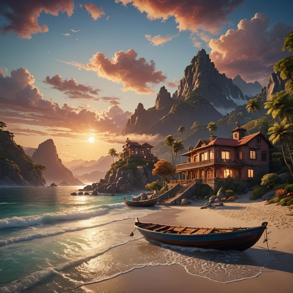 Coastal Villa at Sunset: Detailed Fantasy Art