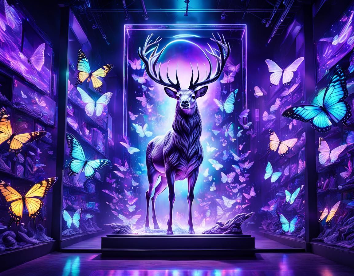 Holographic Deer with Butterflies in Aetherpunk Style