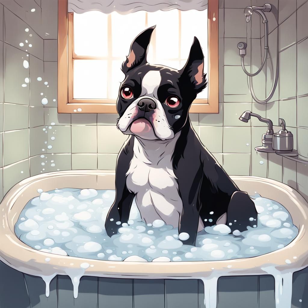 Sad Boston Terrier in Bath, Anime Style