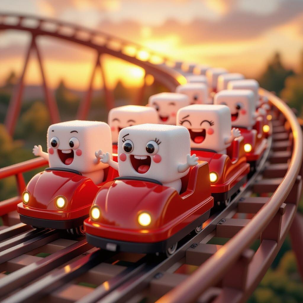 Caricature Sugar Cubes Ride Roller Coaster at Sunset