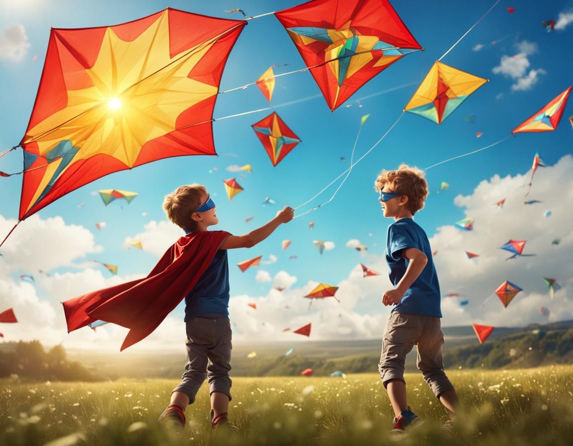 Superhero Boy Plays with Kites on Sunny Day