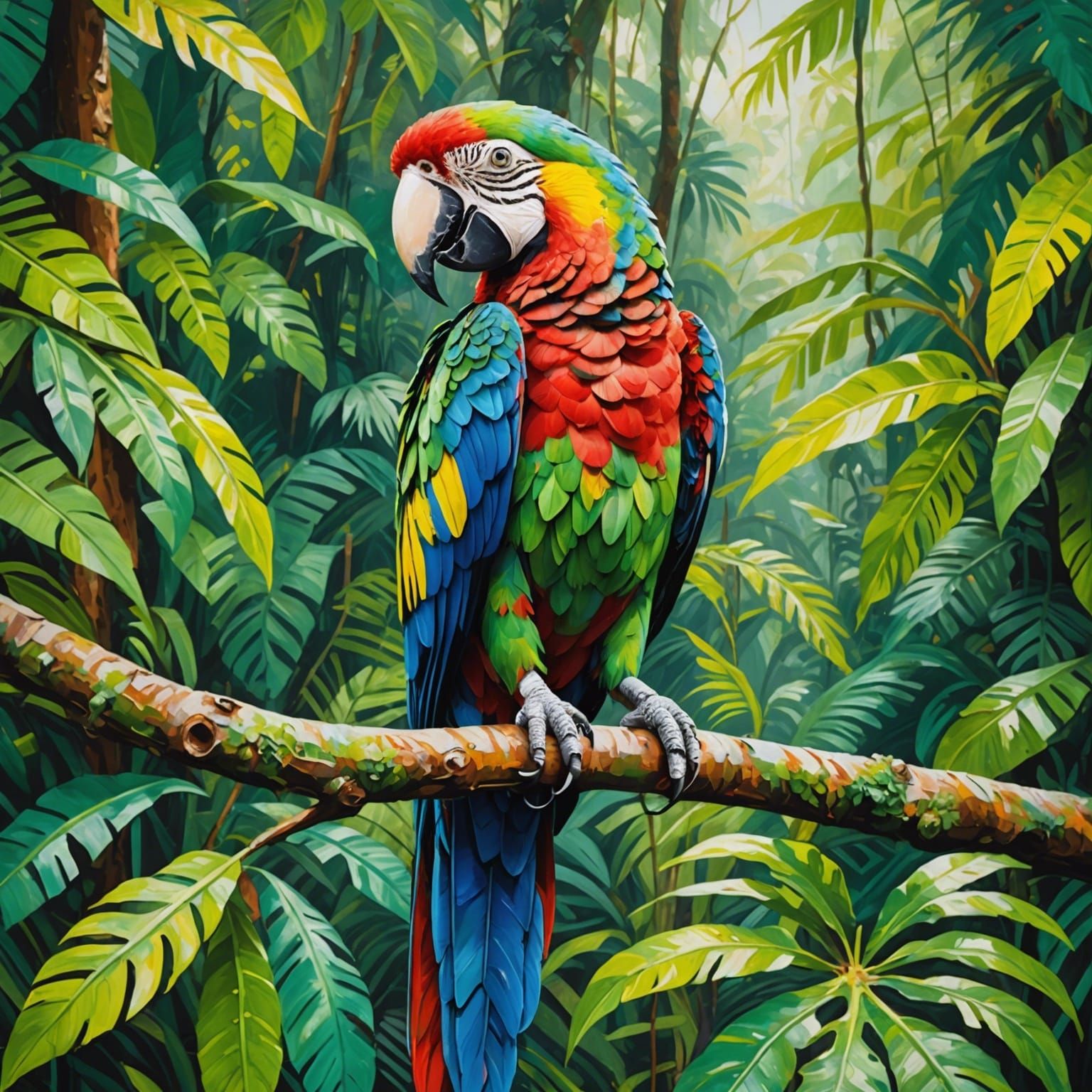Parrot in Rainforest: An Impasto Gouache Masterpiece
