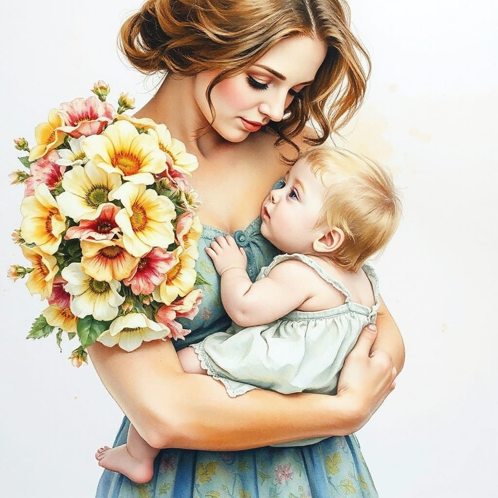 Ethereal Watercolour of Mother and Child with Flowers