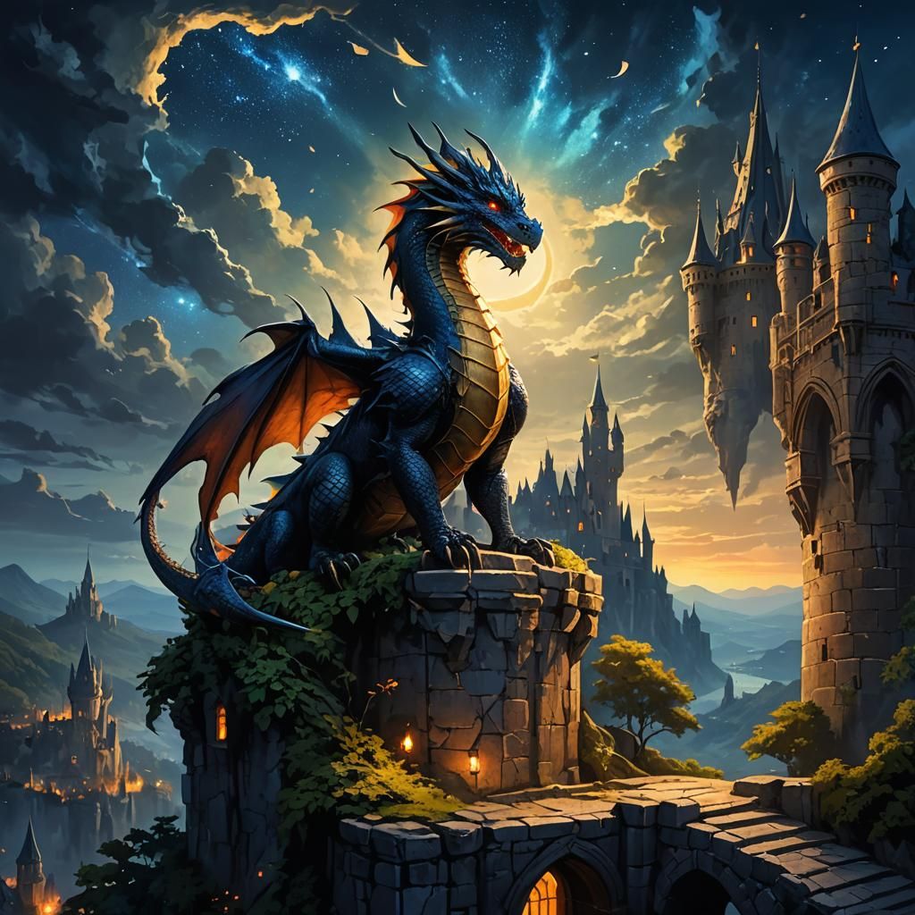 Majestic Dragon Gazes Over Kingdom in Fantasy Art
