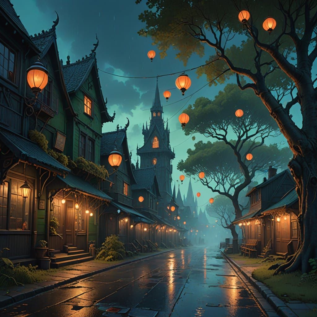 Ethereal Mystic Street Scene in Emerald Mist