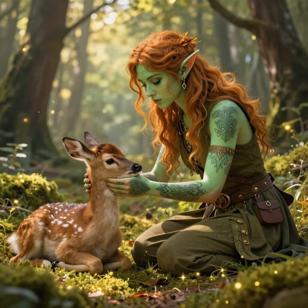 Druid Half-Dryad Heals Fawn in Sunlit Forest