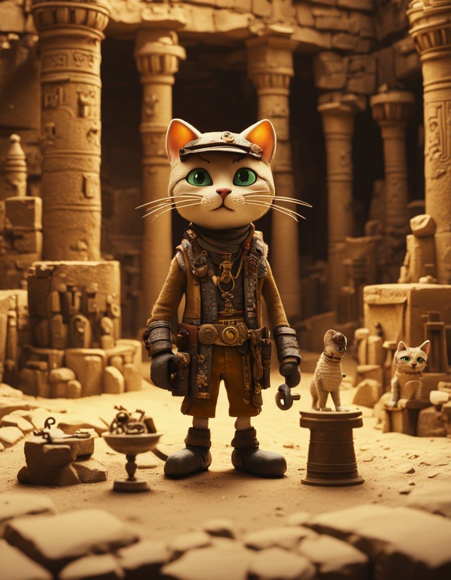 Steampunk Cat Adventurer in Claymation Egyptian Temple