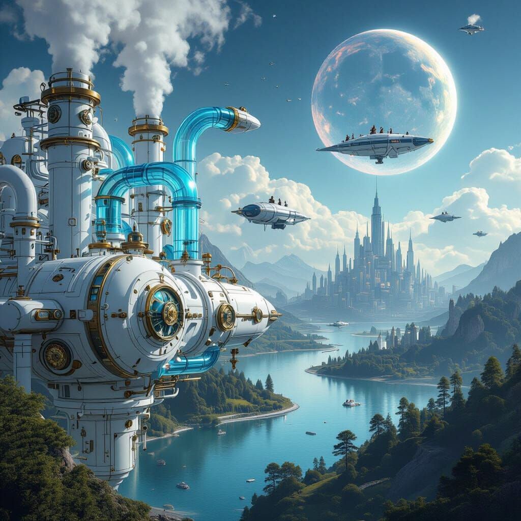 White Steampunk Cityscape Under Twin Moons