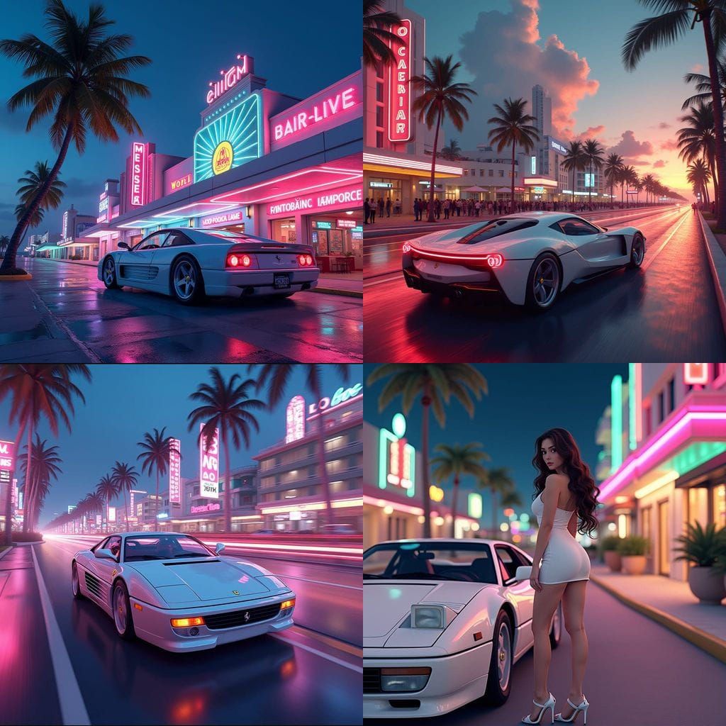 Elegant 90s Miami Beach Night Life in Cyberpunk Style